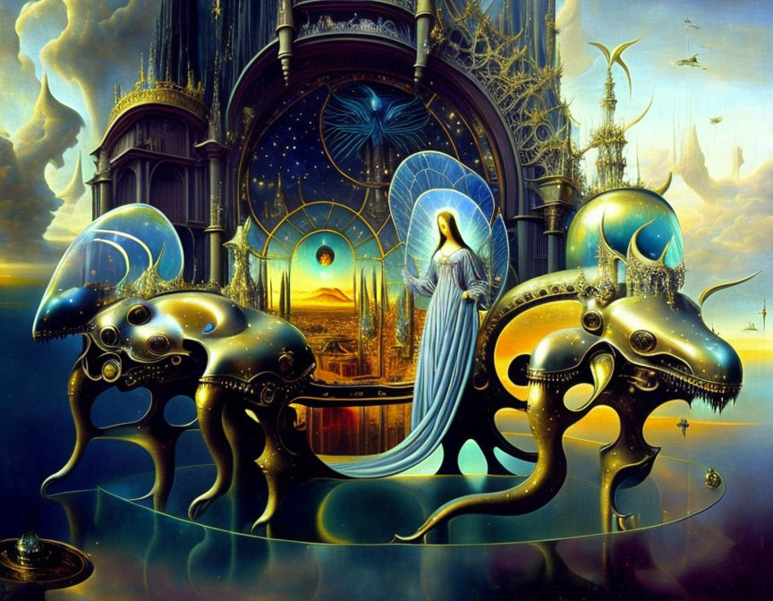 Fantastical painting of robed woman in cathedral setting with surreal creatures and vibrant landscape.