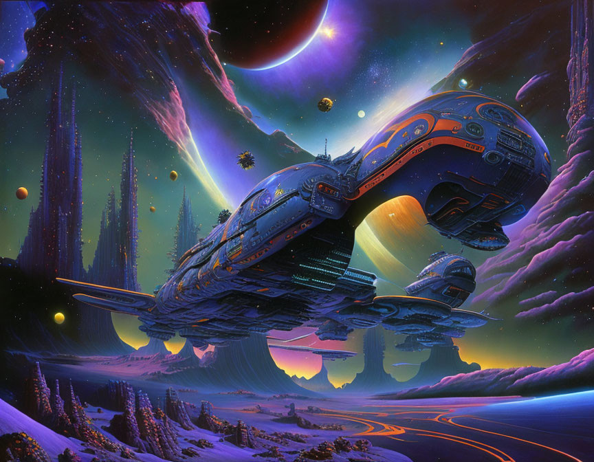 Futuristic spaceship over vibrant alien planet landscape