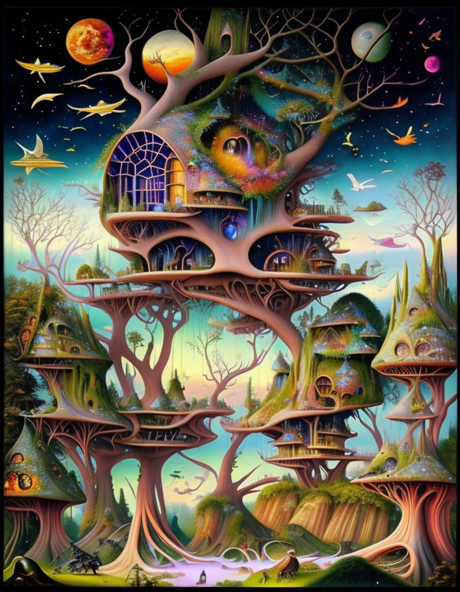 Colorful Fantastical Treehouse Painting with Celestial Sky