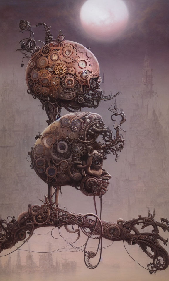 Steampunk-style heads with gears and vines on industrial backdrop