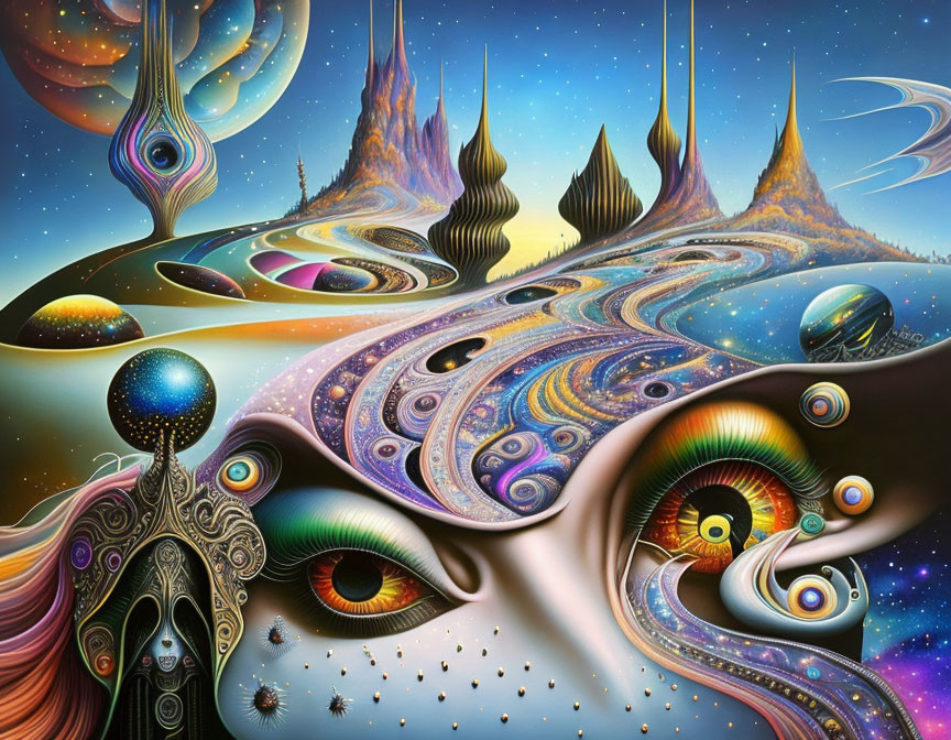 Surrealist landscape with cosmic elements and surreal structures