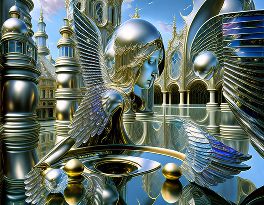 Metallic angel with wings in surreal landscape with reflective spheres