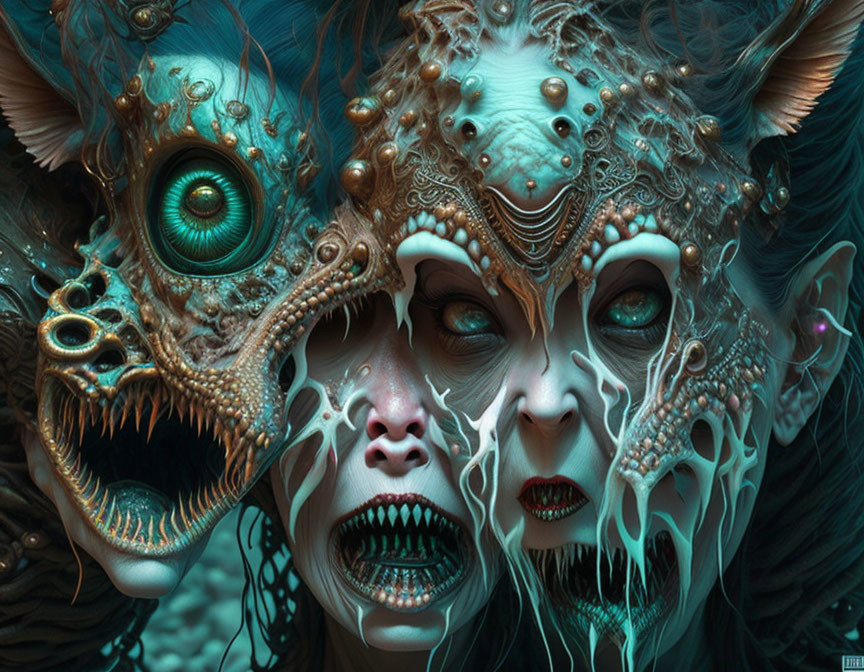 Surreal artwork with two humanoid faces in cool, bluish tones