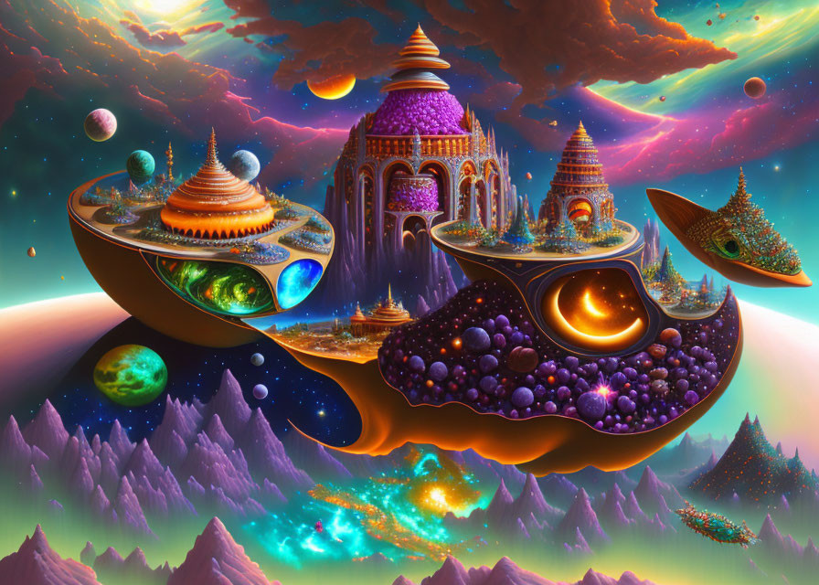 Colorful cosmic landscape with floating islands and futuristic buildings