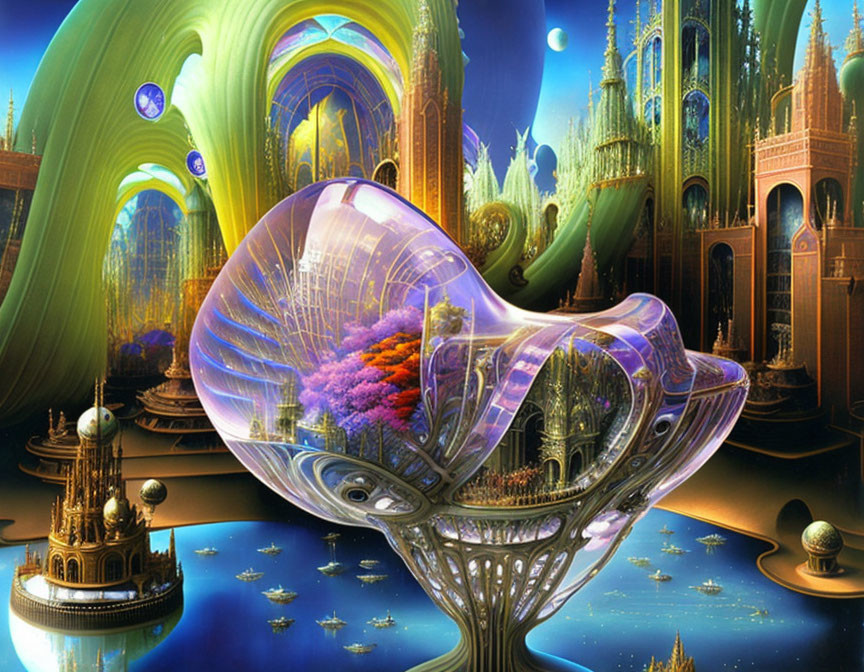 Vibrant swirling colors in surreal landscape with intricate cathedral-like architecture and miniature ecosystem.