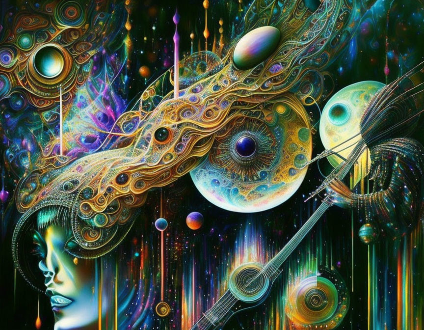 Colorful Psychedelic Artwork: Woman's Profile with Cosmic, Celestial, and Musical Mot