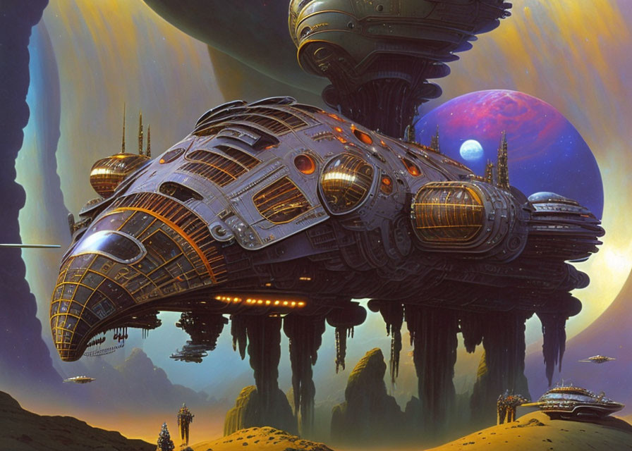 Intricate futuristic spaceship on planet with moons and rings