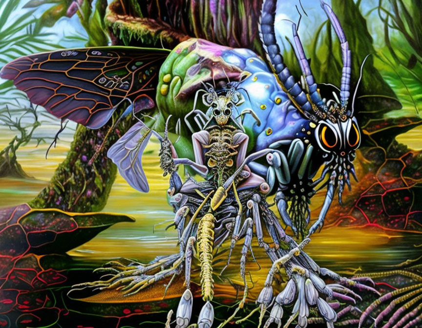 Colorful painting of insect-like creature in lush jungle landscape