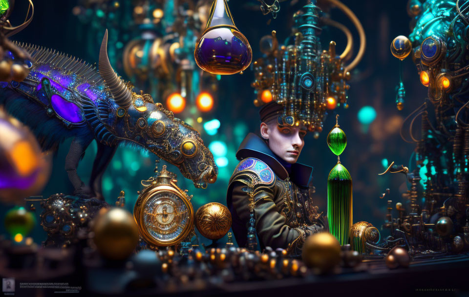 Person in ornate attire among intricate mechanical devices with glowing elements