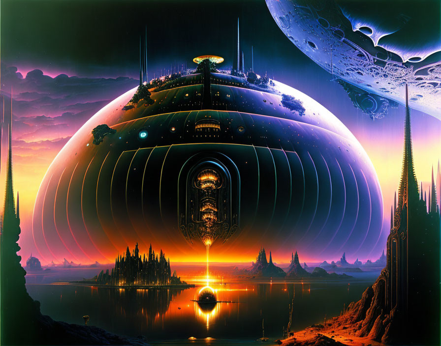 Surreal sci-fi scene: massive spherical spaceship over reflective water in alien landscape