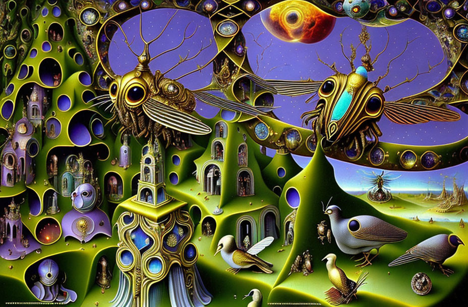 Vibrant surreal landscape with mechanical bird-like creatures and alien architectures