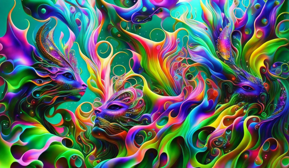 Colorful Psychedelic Art: Mirrored Creatures & Fluid Shapes