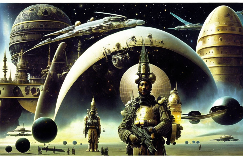 Futuristic Cosmic Landscape with Planets and Spaceships