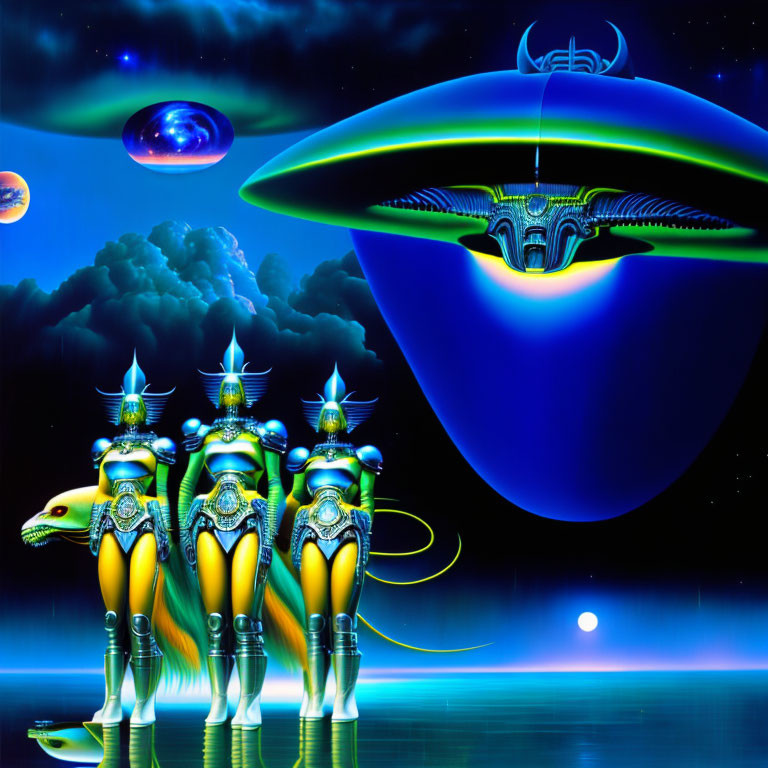 Futuristic alien warriors under massive spaceship in cosmic scene