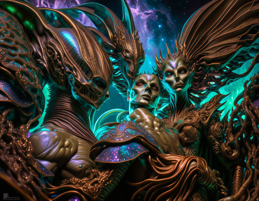 Digital artwork: Three alien beings with ornate exoskeletons in cosmic nebula.