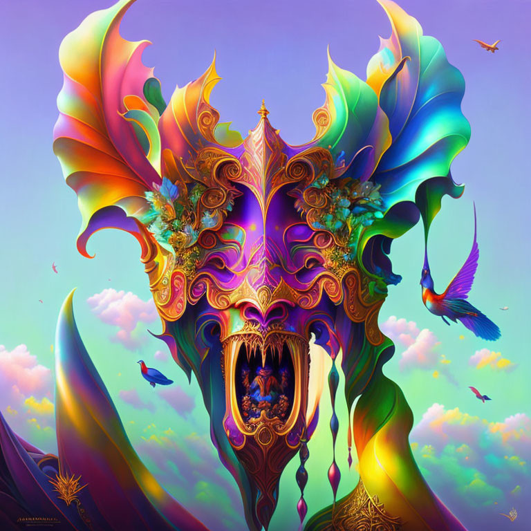 Colorful Psychedelic Artwork with Mask-like Structure & Birds