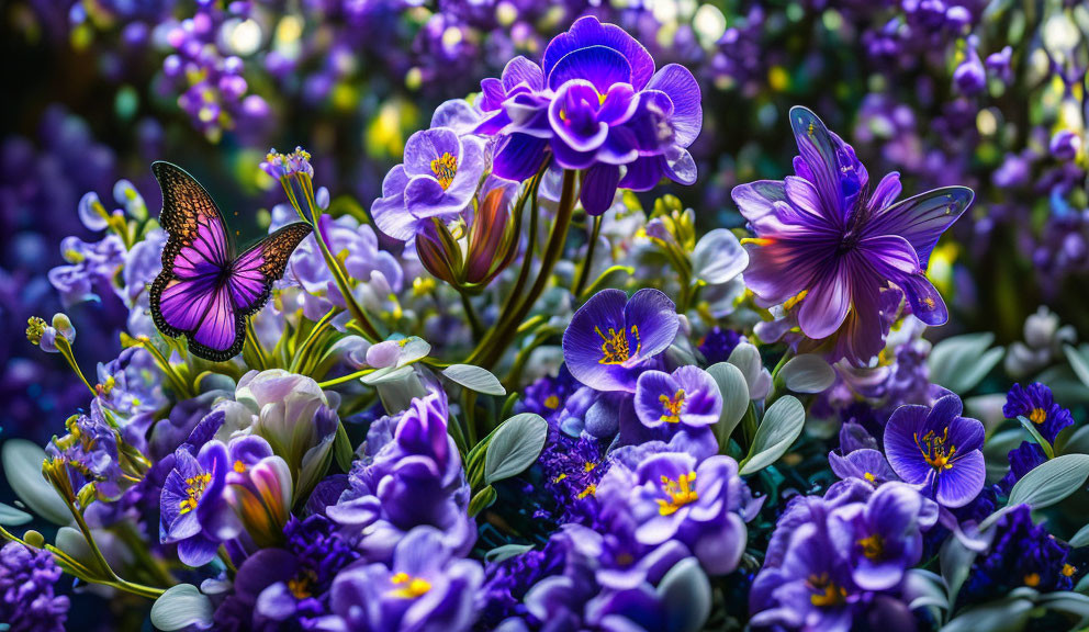 Purple Flowers Blooming with Butterfly in Light and Dark Tones