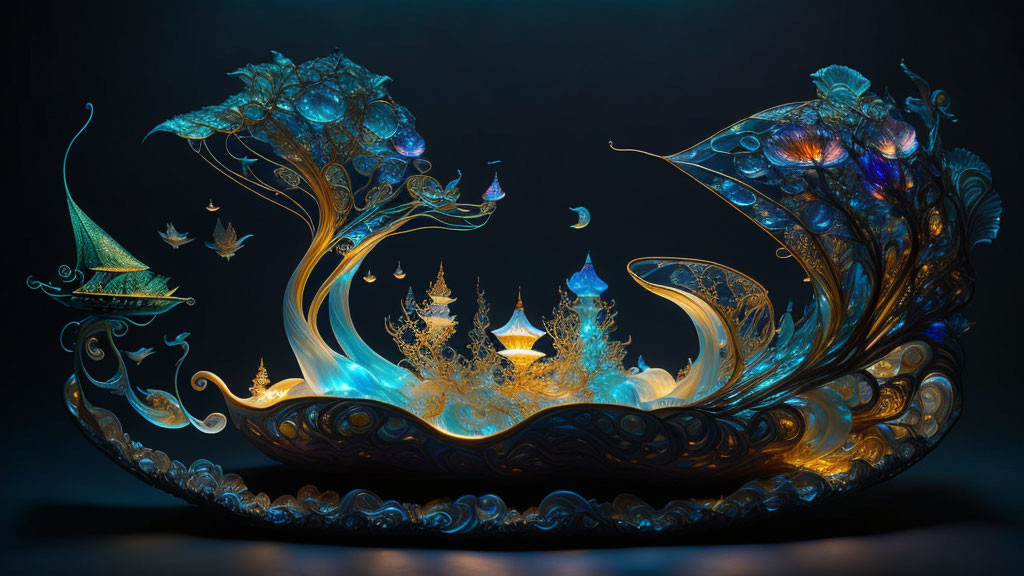 Luminous ornate ship with glowing elements and ethereal creatures