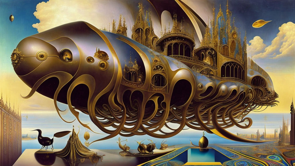 Surrealist painting: Ornate airship with tentacles above reflective surface