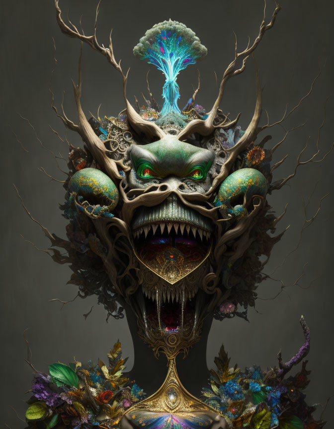 Majestic creature with green eyes, ornate horns, sharp teeth, and glowing tree-like crown