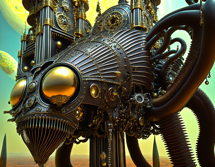 Steampunk octopus sculpture with metallic gears on planetary backdrop