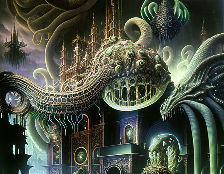 Surreal cityscape artwork with glowing orbs and tentacle-like structures