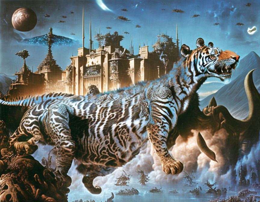 Patterned tiger with cities and dinosaurs in surreal sky