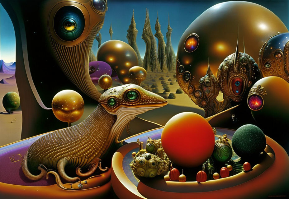 Surrealistic painting with lizard-like creature, glossy spheres, intricate towers, and colorful landscapes