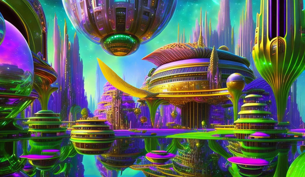 Futuristic cityscape with neon lights and floating structures