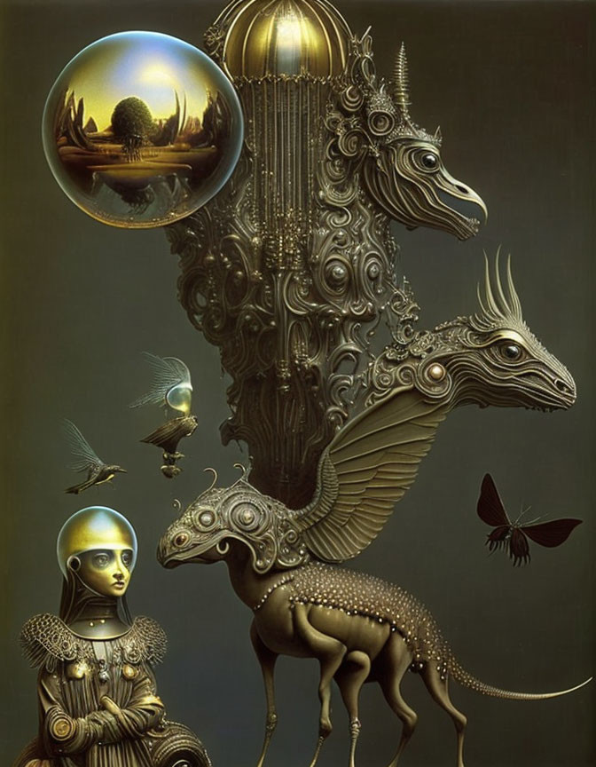 Detailed surreal artwork: robotic humanoid, alien creatures, orbs, and birds in metallic style