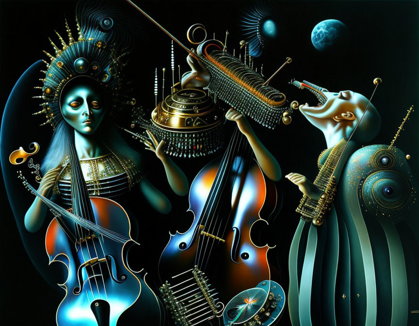 Surreal artwork: humanoid figures as musical instruments under cosmic backdrop