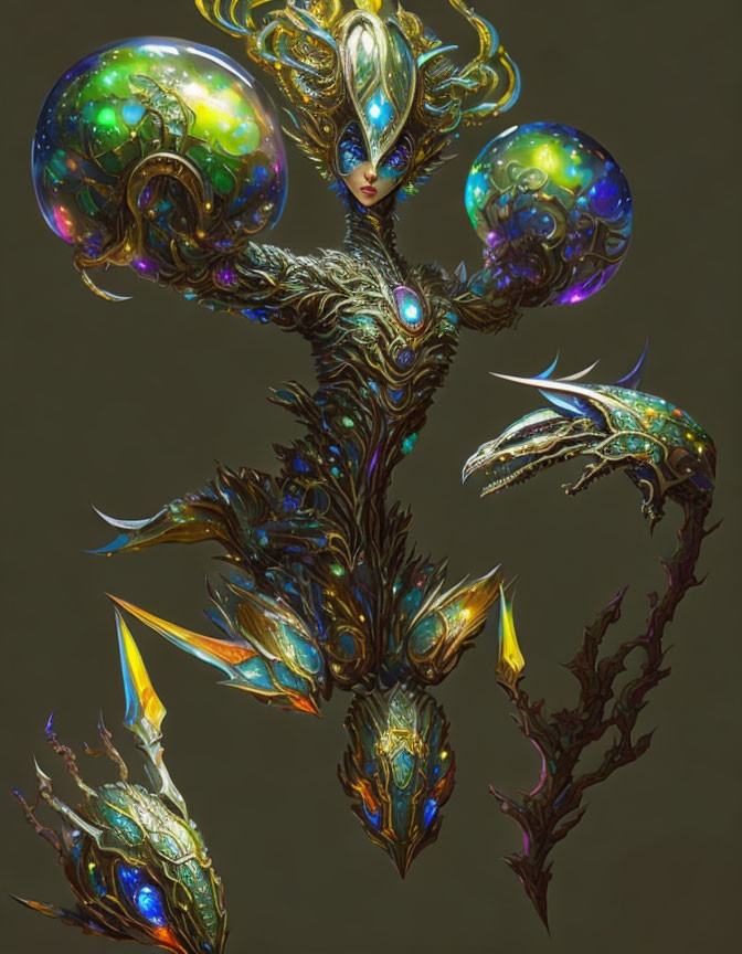 Iridescent Armor and Ornate Headdress with Glowing Orbs