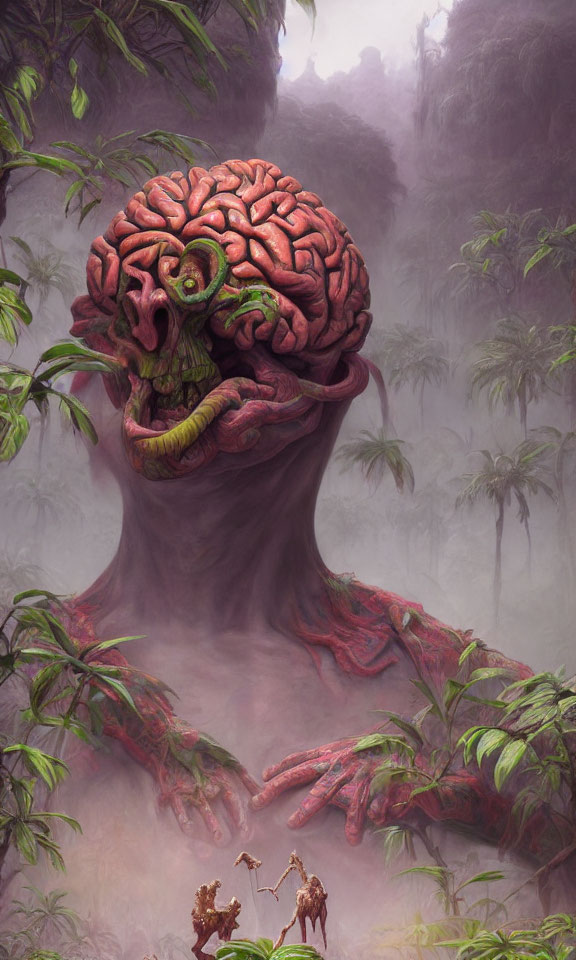 Surreal brain-headed creature overlooks misty jungle with humanoid figures