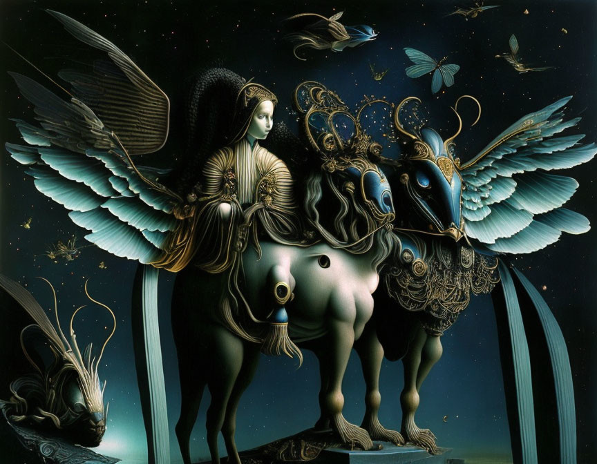 Surreal painting of winged woman with multiple arms and fantastical creatures