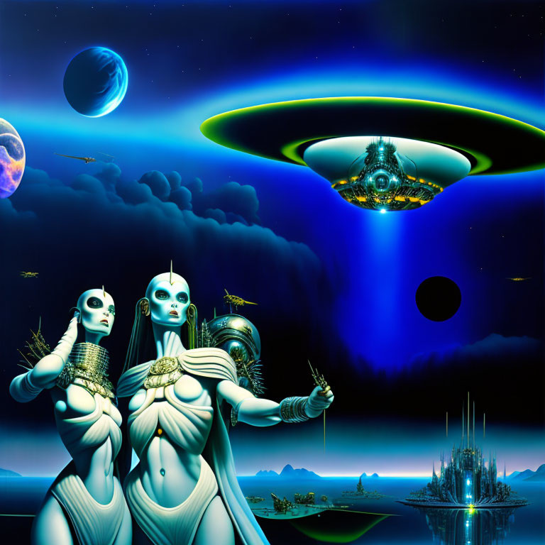 Two humanoid aliens in futuristic sci-fi cityscape with planets and spacecraft.