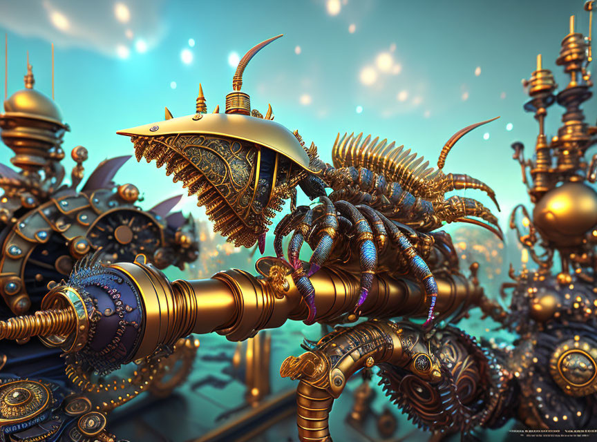 Steampunk mechanical dragon on brass pipeline in futuristic setting