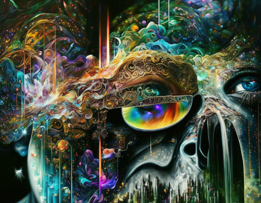 Vivid Psychedelic Digital Artwork: Eyes in Cosmic Landscape