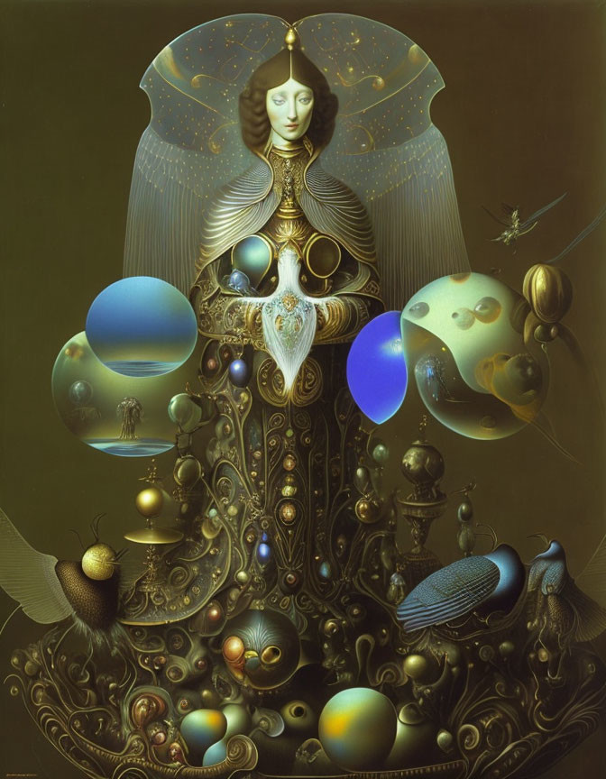 Regal female figure in surreal art with gold and black attire, orbs, butterflies, and mythical motifs