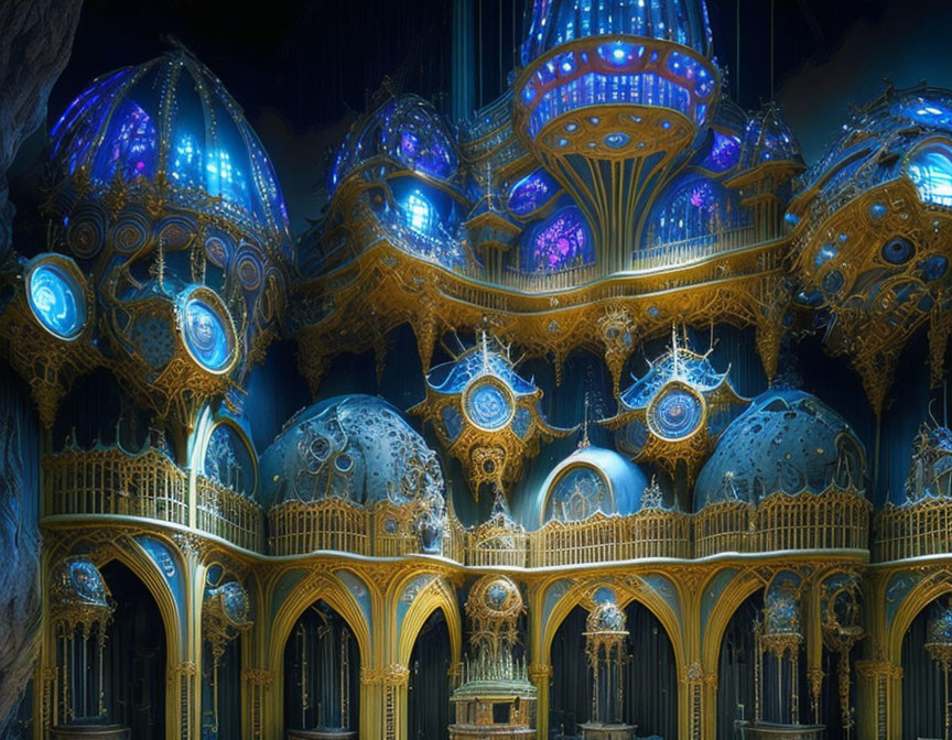 Fantastical underground chamber with blue glowing lights and intricate gold details