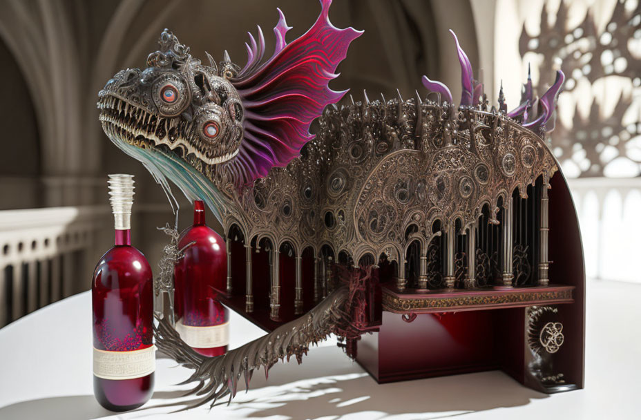 Intricate Dragon Sculpture with Purple Accents and Wine Bottles