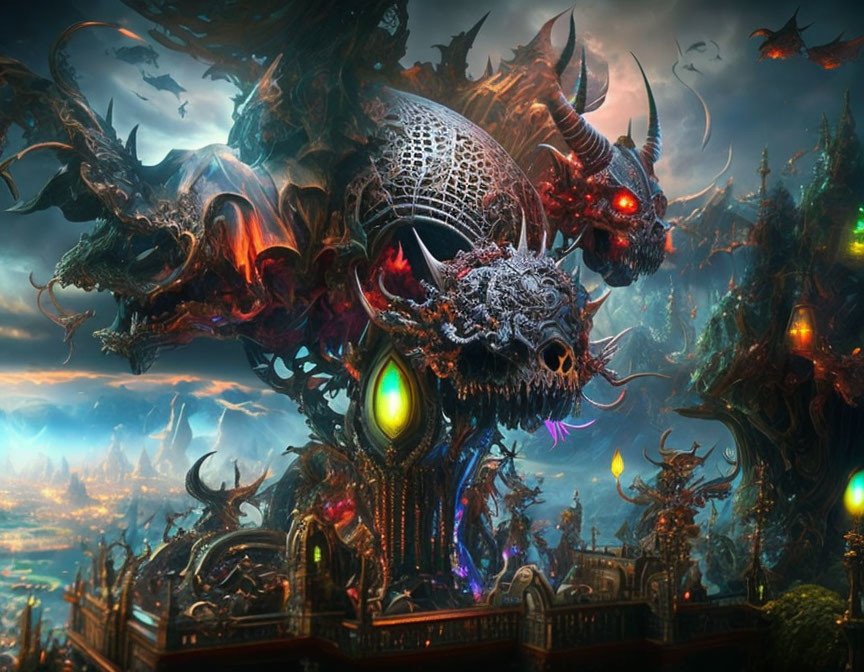 Fantastical dragon in intricate armor over mythical cityscape