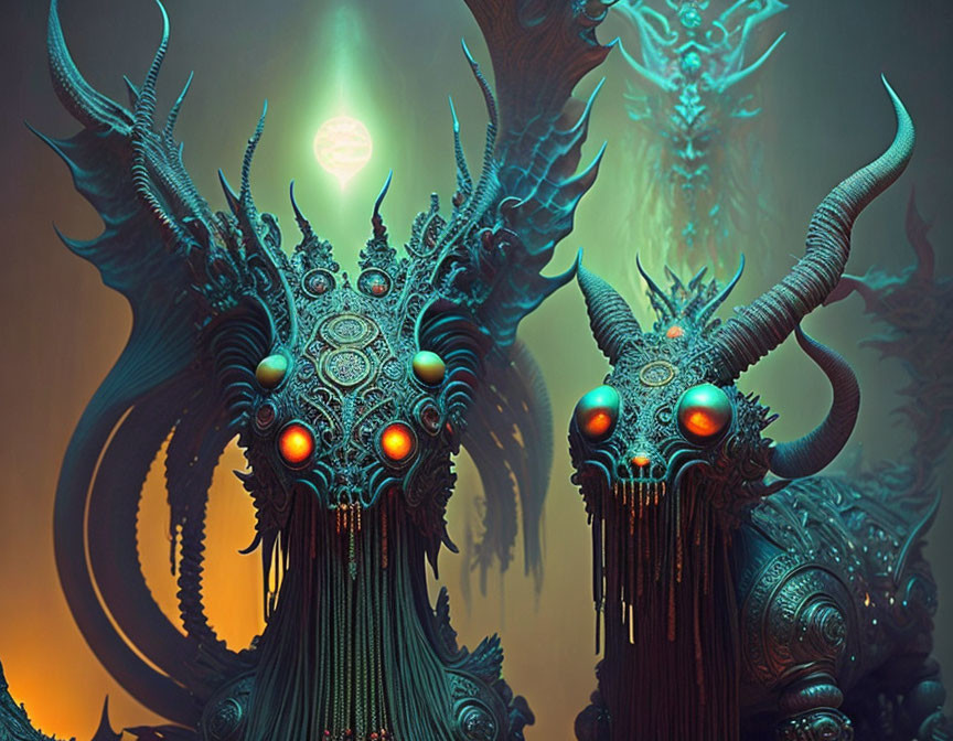 Fantastical creatures with horns and glowing eyes in moody setting