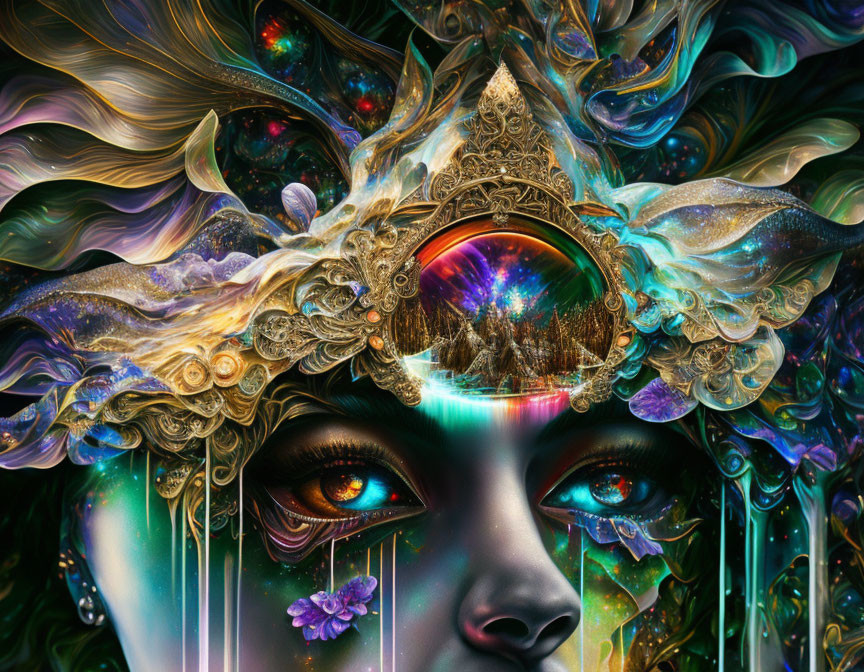 Cosmic-themed digital artwork of a face with elaborate headdress and swirling galaxies