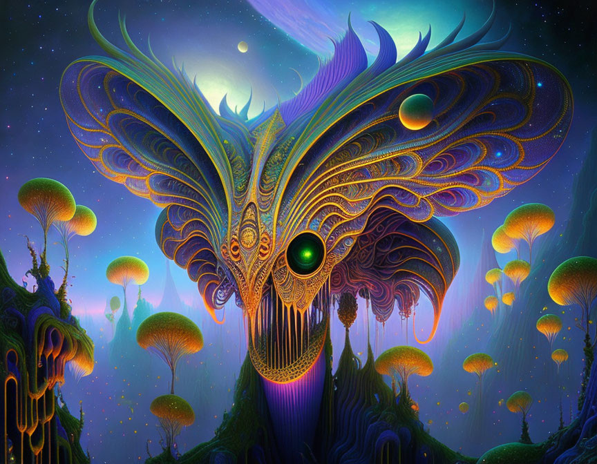 Colorful Mushroom and Butterfly Structures in Celestial Landscape