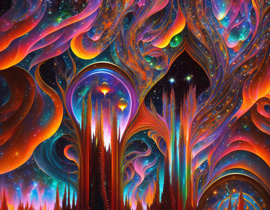 Colorful Psychedelic Artwork with Swirling Patterns and Cosmic Elements