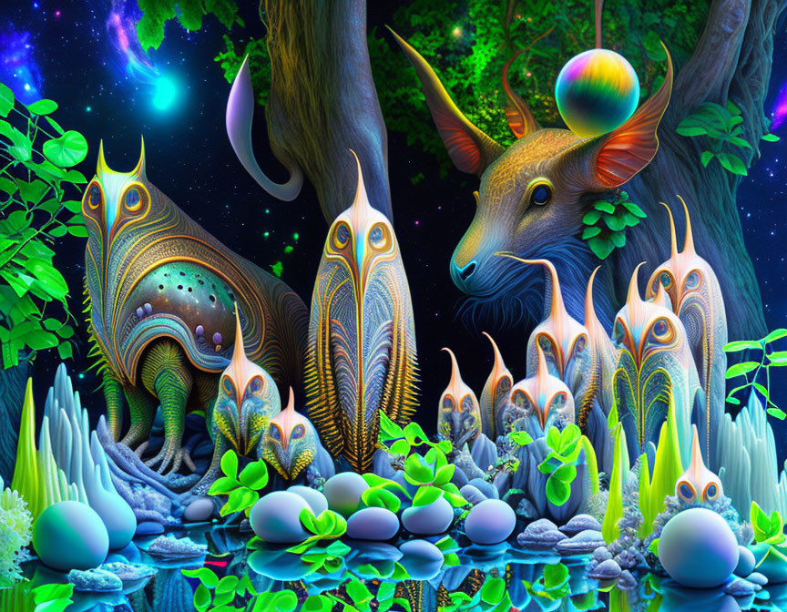 Fantastical deer-like creatures in neon-lit forest scene