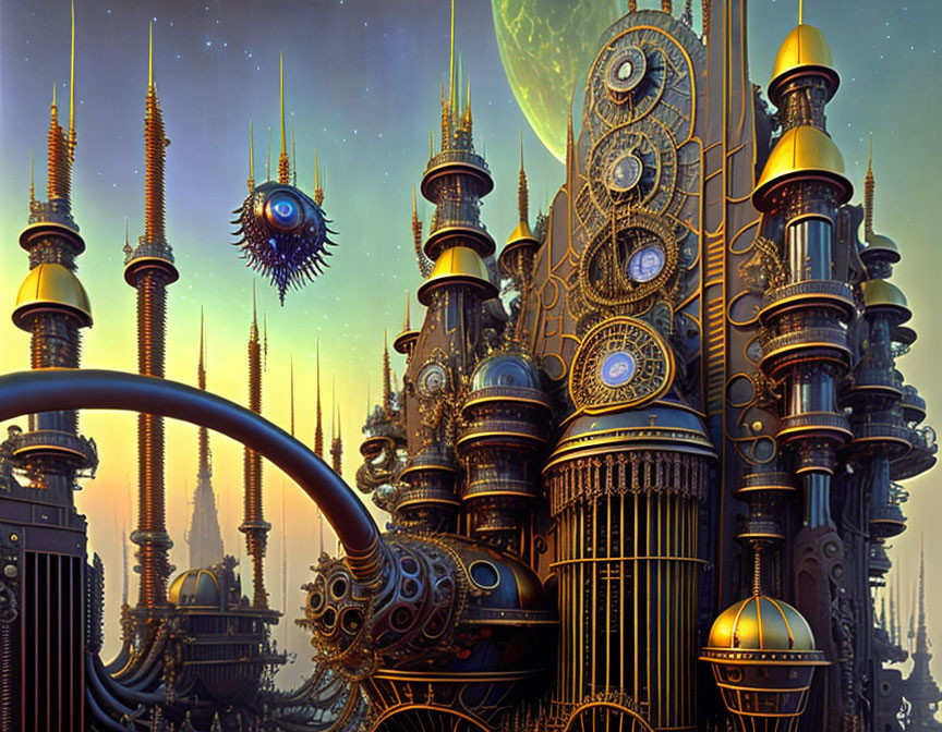 Steampunk cityscape with towers, gears, and floating mechanical eye at twilight