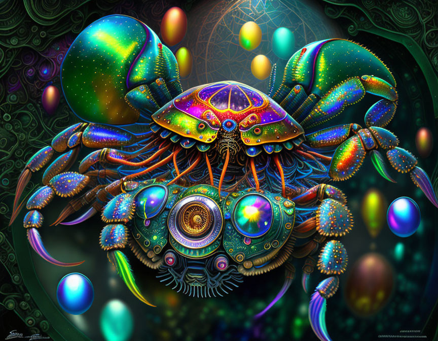 Colorful Stylized Crab Artwork with Glowing Orbs and Psychedelic Background