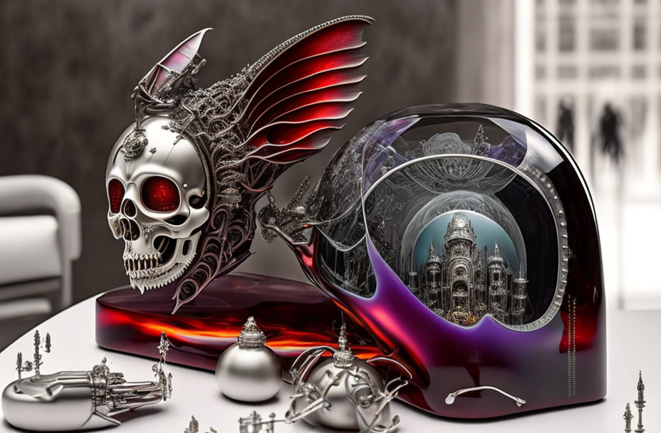 Digital image of ornate skull, wings, helmet, gothic structure, and miniature figures