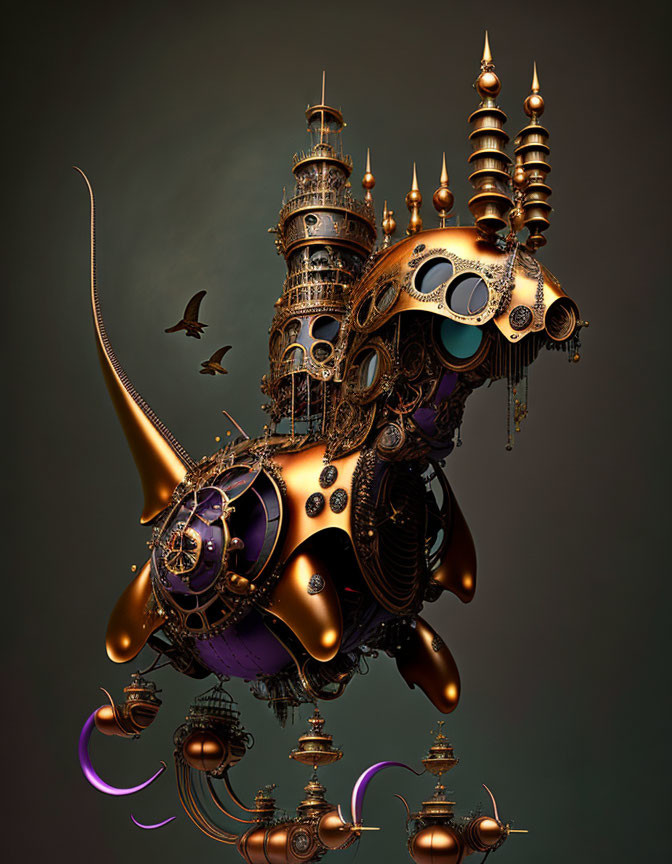 Surreal steampunk artwork with intricate gears and towers on metallic fish